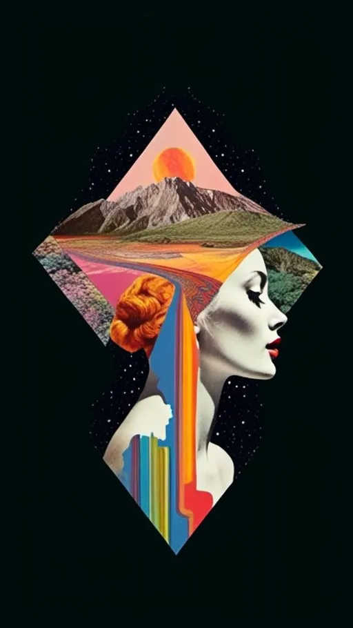 Prompt: <mymodel>Psychedelic trippy collage with a surreal vintage 70s sci-fi feel, vibrant colors, retro futuristic elements, surreal landscapes, detailed psychedelic patterns, high quality, vintage sci-fi, mixed with photograph of a woman with blond curly hair, geometric shape and optical illusions, vibrant colors, surreal, detailed patterns, trippy, collage, 70s, retro futuristic, eyes, surreal landscapes, detailed, atmospheric lighting