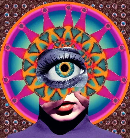 Prompt: <mymodel>,Vintage 70s psychedelic sci-fi collage, analog, cut and paste, surreal weird bizarre, woman, shrooms, psilocybin cubensis, liberty caps, magic psychedelic mushrooms, eyes, mouths, fractals, optical illusions, geometric shapes, bizarre landscapes, grainy, retro, aged, magazine cutouts, photos, drawings, psychedelic patterns, image noise, vintage, surreal, vibrant colors, fantasy, trippy lighting, detailed composition, highres, vibrant, surreal, woman with long blond very curly hair, aged, hot pink, green, orange, teal, black and white, purple