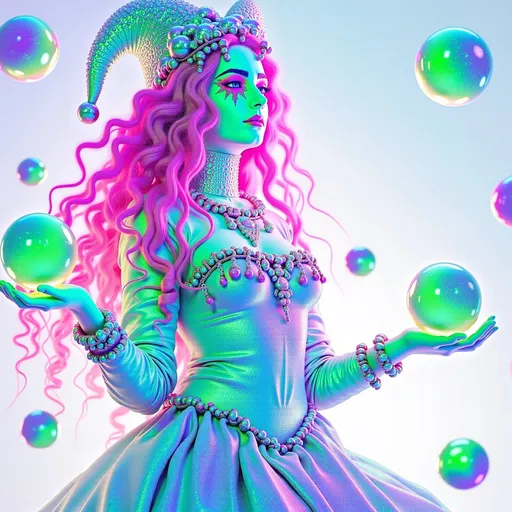 Prompt: A super hyperrealistic yet also illustrative and creative female cosmic jester, made entirely of swirling pure colored light, with long wild curly hair that appears pink but is a dazzling spectrum of hues shimmering beneath the surface. She is adorned in beautiful avant-garde "astral" jester's attire, complete with intricate clown makeup that glimmers like stardust and a definitive jester's hat adorned with miniature galaxies that orbit its tips. Her ensemble includes exquisite accoutrements—ornate cosmic bangles that hum with the resonance of distant quasars and an ethereal cape that flows like liquid auroras. She sparkles, shines, and dazzles in a mesmerizing swirl of ever-changing colors, embodying the essence of cosmic whimsy and wonder. Perched atop an enormous, spinning Möbius strip made of liquid starlight, she juggles glowing quantum orbs that flicker between states of existence, each orb containing a miniature universe that pulses with fractal patterns. The background is a psychedelic tapestry of hyperdimensional geometry, where constellations rearrange themselves into impossible shapes, and stars pulse to the rhythm of an unheard cosmic melody. Fractal tessellations resembling Escher-like infinity loops cascade through the scene, while quantum entanglement trails connect her juggling orbs in a dance of light. Möbius transformations ripple through the liquid starlight, creating endless loops of brilliance, as pulsating nebulas, astral winds swirling with cosmic dust, and shimmering auroras flow like liquid silk across the infinite expanse.
