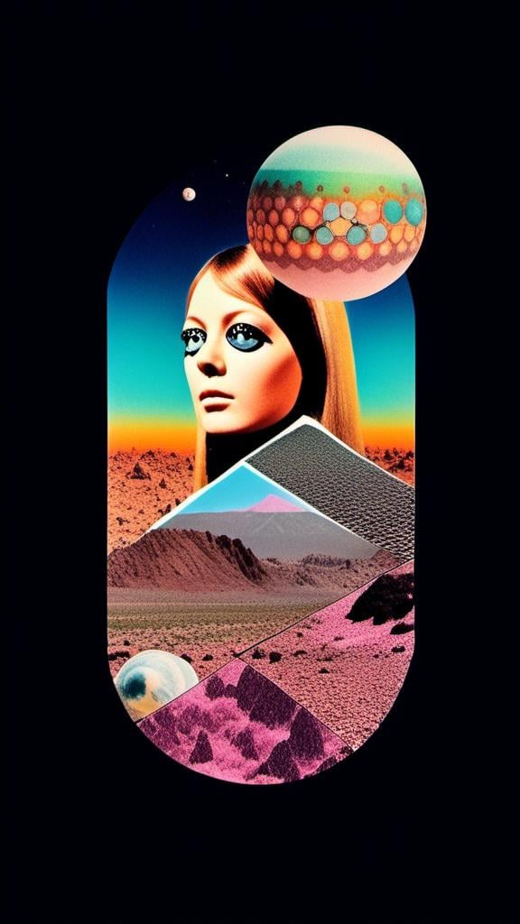 Prompt: a vintage 70s surreal psychedelic collage featuring a photograph of a young woman - it has a vintage 70s surreal science fiction art house feel to it. The photograph is cut out and edited into a collage made up of other photographs and art and feature things such as eyes, psychedelic third eyes, planets and stars, desert alien landscapes and mountains, psychedelic trippy patterns and optical illusions, psychedelic mushrooms, cats, UFOs, etc all mixed up together to create a surreal psychedelic collage effect<mymodel>