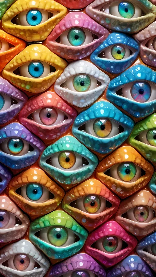 Prompt: an extremely hyper realistic ultra super textural weird trippy surreal psychedelic entity, Hexaflexagons, white, translucent, clear, bright bright pastel colors, oil slick rainbow sheen effect, lots and lots of light, lots of crazy colorful compound psychedelic human eyes, rows of human teeth, fungus, atoms, diatoms, Hexaflexagons