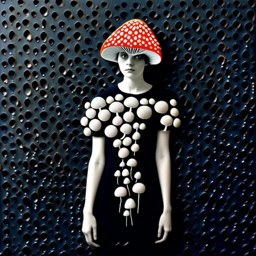 Prompt: a mixed media collage of a girl wearing or growing mushrooms/fungus as clothing body parts and accessories. She is a black and white or halftone photograph, the mushrooms and fungal growths are to be mixed media, including but not limited to paint, enamel, foils, glitter, sparkle, sequins, found objects, natural items, rhinestones etc <mymodel>