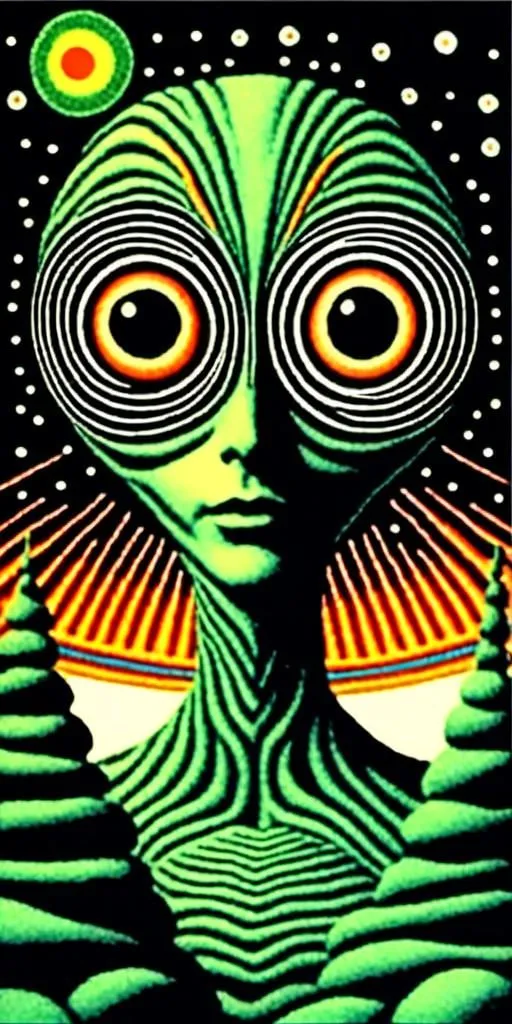 Prompt: <mymodel>Vintage 70s psychedelic science fiction collage of little green man alien, green skin, big eyes, humanoid, extraterrestrials, analog, cut and paste, vintage collage, green and black for colors, landscape, night sky, optical illusions, trippy patterns, retro style, detailed psychedelic patterns, high quality, 4k, surreal, vintage, retro, psychedelic, vibrant colors, detailed eyes, intricate patterns, flat lighting, art house film, 