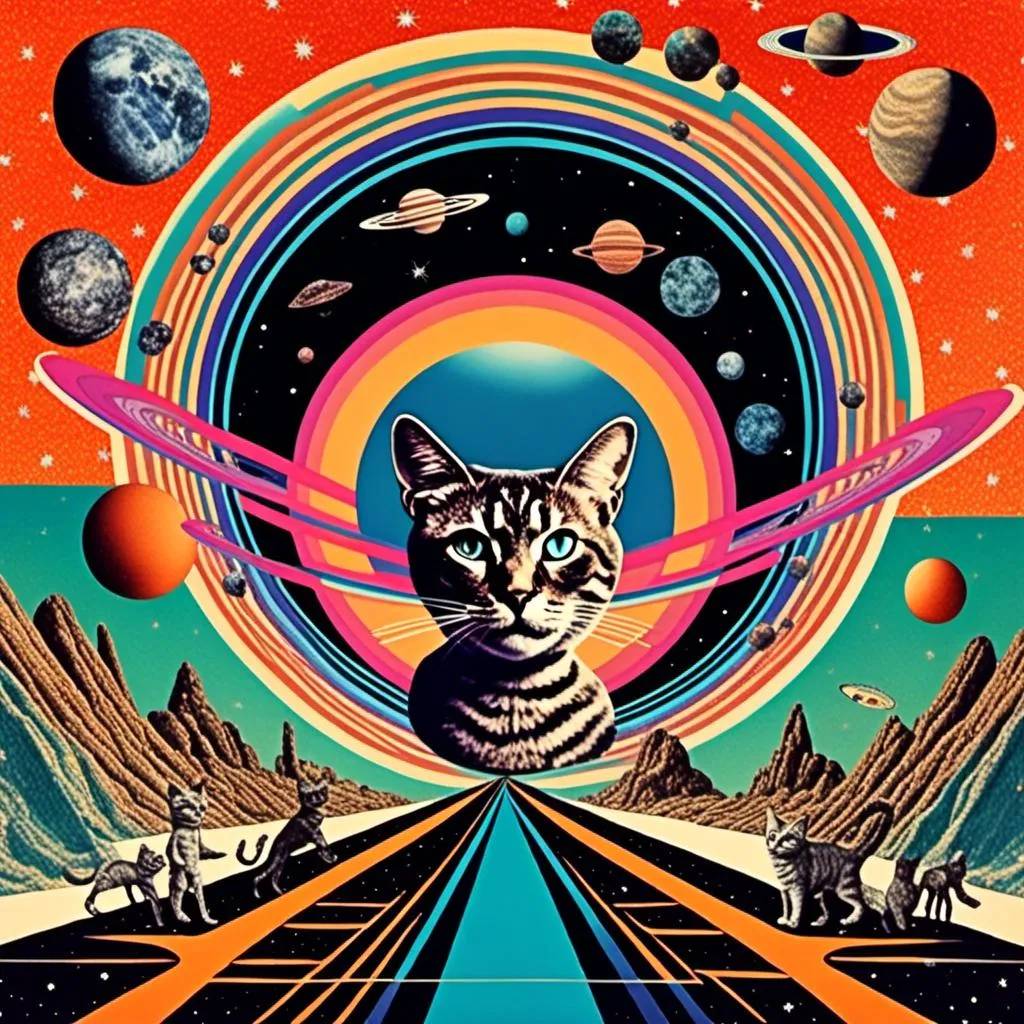 Prompt: a psychedelic collage with a vintage 70s sci-fi animation feel to it except the subject matter will be CATS IN SPACE! The collage will have elements of photography, illustration, trippy patterns and optical illusions, alien landscapes, strange trippy planets, UFOs,, meteors, all cut and spliced together in a psychedelic collage style <mymodel>