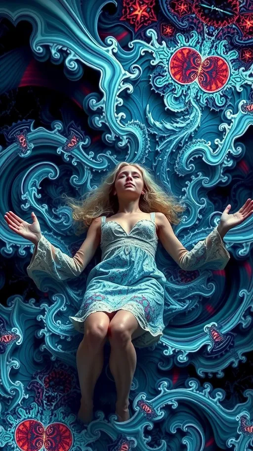 Prompt: A psychedelic ego death experience. A girl with long blond curly hair on psychedelics experiencing “ego death”, hallucinating herself in a fractal “storm”- angry fractals form clouds, wind and rain, whipping, beating the girl mercilessly until she blacks out and finds herself, drowning in an infinite swirling subterranean underground angry chaotic roiling ocean of pure fractals geometry.  melting into and becoming fractals- She melts, and becomes one with the ocean, becoming fractals herself and experiencing being one with everything in the universe, seeing it all from every point of view, before forming into human again over and over. Fractal geometry ocean, waves, currents, riptide, flowing, churning, underground cave, she is lying in bed the whole time 