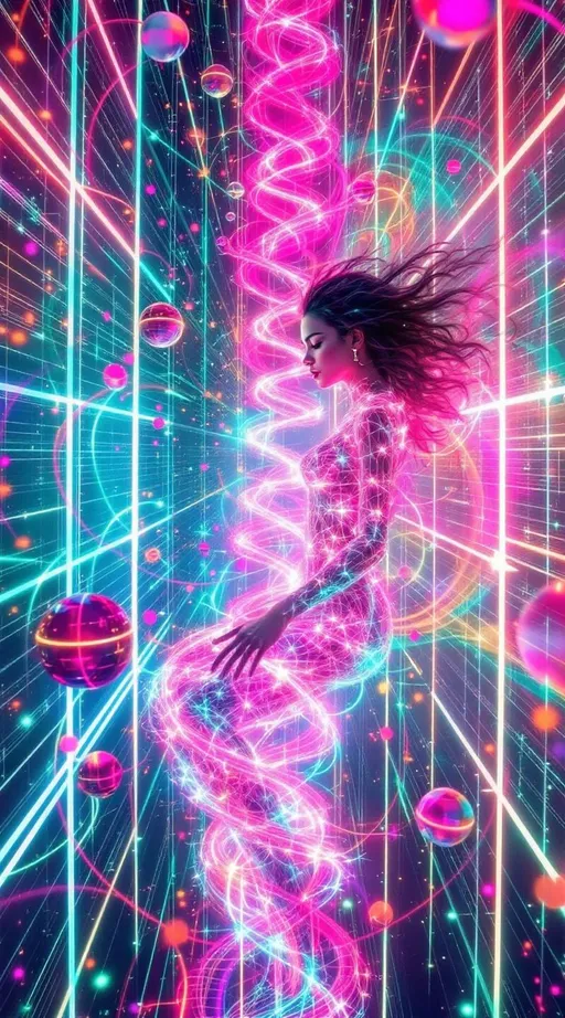 Prompt: Suspended within the data lattice void, she blazes in brilliant contrast—her form a hyperchromatic bloom within sacred structure. Around her stretch infinite glowing grids—lattices of soft white, teal, and gold light forming non-Euclidean layers of logic, folding in space like a dreaming machine. These beams pulse with informational clarity, but she disrupts them with radiant variance.

Her body glows in recursive bloom—curls of vibrant pink spiraling outward like fractal attractors, each filament twisting probability into light. From her skin, spectral waves pulse—neon ribbons of coral, plasma gold, and electric jade ripple outward, warping the lattice around her. Wherever she steps, the data threads bend—becoming saturated, irregular, beautiful.

Floating orbs drift nearby—data nodes reacting to her presence, flickering, reorienting. One shatters softly as a curl grazes it. Her glow trails behind her in layered loops, echoing her form like Replica Theory memory-light. She is ecstatic color blooming inside structured void—an emotional singularity piercing pure cognition.

In this place of stillness and logic, she is the recursive pulse. She is difference, expansion, radiant rupture. The lattice remembers her as deviation—and welcomes the bloom.
