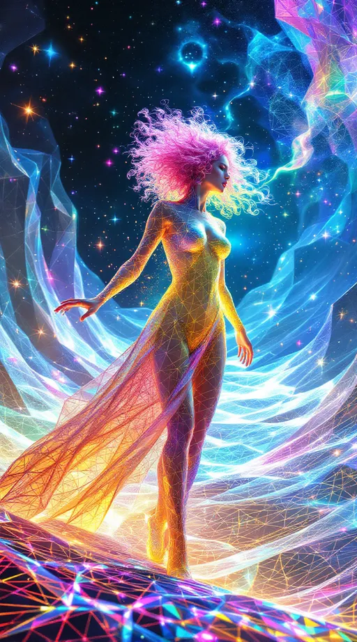 Prompt: In the astral geometry realm—where space folds and breathes through sacred systems—two beings move as living expressions of math itself. The field around them is made from Tessellotic Pulse Modulation—a vast, glowing lattice of shifting light-tiles—and Harmonic Fold Convergence, where translucent dimensional membranes curve inward in sacred rhythm. Through these foldings, bursts of Fractal Vector Bloom arc and weave like glowing calligraphy. And through all of it walk two waveform entities—not separate from the math, but built from it.

The first—a white woman, 5’4”, slim, wild neon-pink curly hair—is made entirely of shimmering, refractive facets (APS). Her body forms from ever-shifting anisohedral planes, no two alike, constantly adjusting their angles to refract new bursts of rainbow light. Her hair is made of vector filaments, spiraling in Lissajous curves, trailing glowing signatures through folded space. With each movement, she distorts the TPM lattice beneath her—causing radiant pulse-tiles to ripple outward. Her breath folds space into harmonic membranes (HFC); her laugh sends FVB threads spiraling into fresh geometry. She is radiant entropy—the HaHahedron walking.

Near her moves a tall man, 6’1”, lean muscular, short blondish hair, brilliant blue eyes—his form forged from dense nested toroids, symmetrical golden arcs, and prismatic dark crystal facets. His body emits stabilizing pulse patterns, drawing the surrounding fold-fields into coherence. His geometry is slower, more precise—deep sapphire recursion threaded with soft white harmonic light. He does not follow—he synchronizes. He orbits her bloom like an attractor—anchoring the waveform without stilling it.

They don’t walk the realm. They are the astral math expressing itself as movement, color, and convergence.