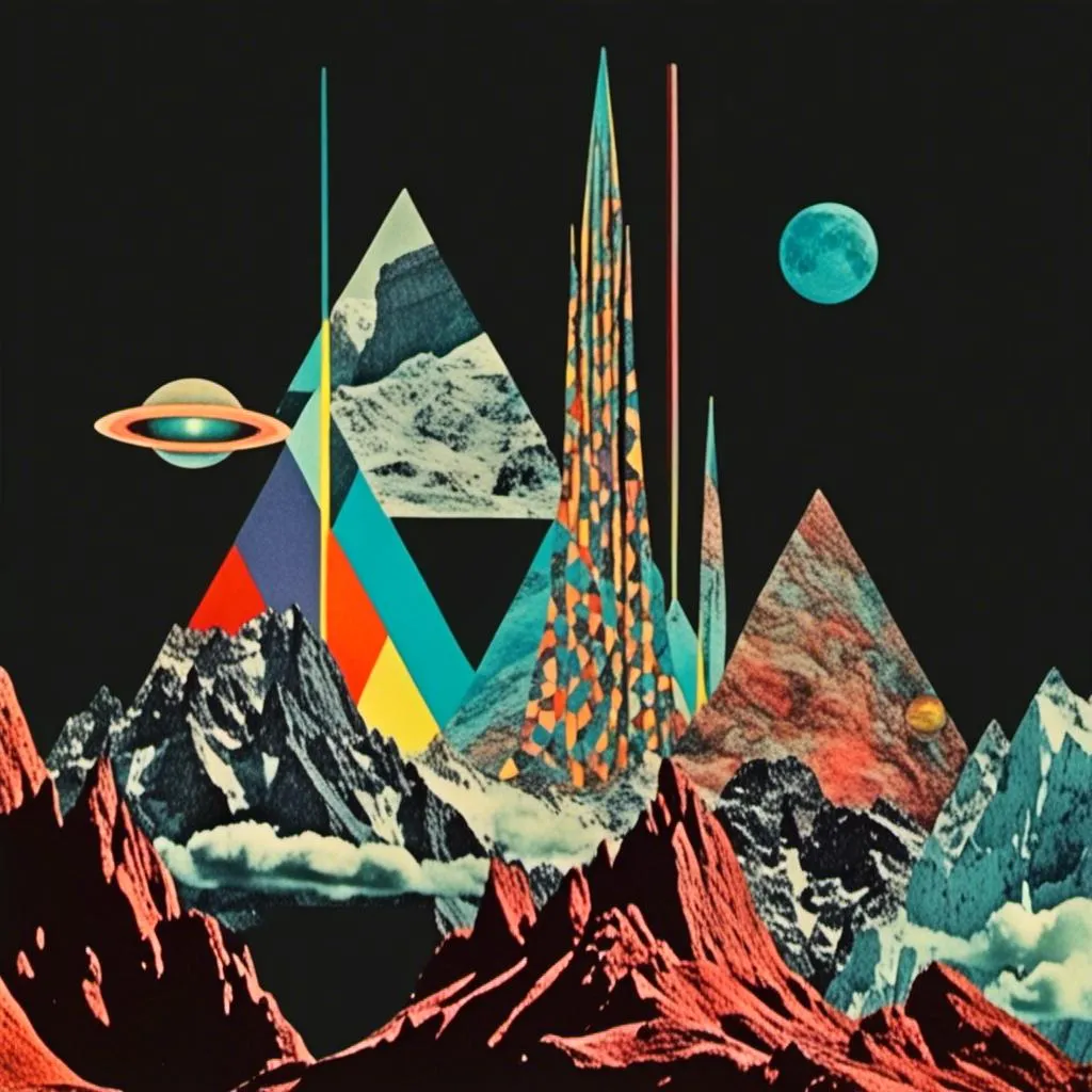 Prompt: a surreal trippy psychedelic collage evoking the feel of vintage sci-fi art. It will be set amongst trippy psychedelic patterns/optical illusions, alien/surreal/mountain landscapes, geometric shapes<mymodel>