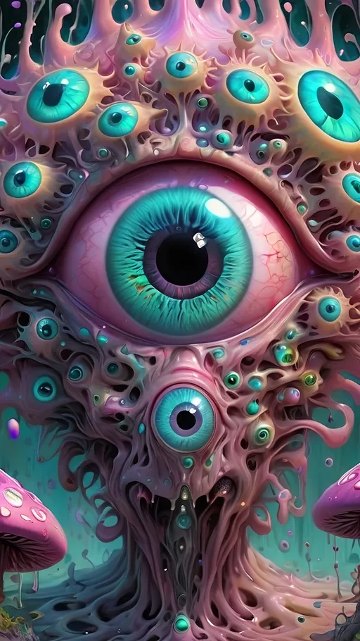 Prompt: Psychedelic, alien psychedelic eyes, weird, surreal, bizarre, ineffable, entity, numinous, lots of crazy weird inhuman psychedelic trippy eyes, melting, trippy, reality breaking down, hallucinations, drippy, dissolutionment, blobs,atoms, electrons, mushrooms, fractals, multidimensional, oozing, hyper cubes, geometry, fractals, third eye, big eyes, small eyes, crazy pupils, pastel colors,psychedelic hyper realism, ultra high resolution, surreal, digital art, intense lighting, bright pastel hues, abstract, confusing, looking at you, ultra detailed textures