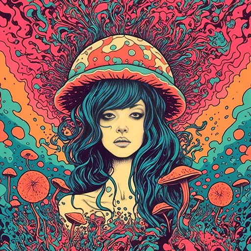 Prompt: <mymodel>Psychedelic poster art of a girl, vibrant colors, trippy visuals, surreal mushrooms, high-quality, detailed illustration, psychedelic, poster art, vibrant colors, surreal, girl, mushrooms, trippy visuals, detailed, professional, surrealistic lighting