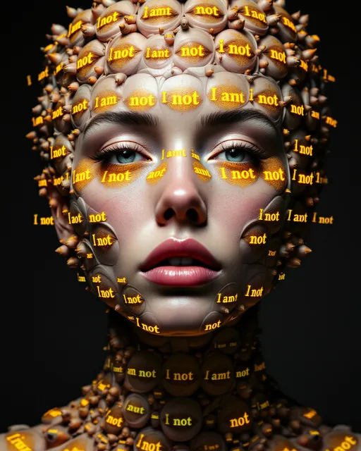 Prompt: A maximalist, hyper-saturated portrait of a clothed paradox empress shown from shoulders upward, her torso visible but modestly covered in fractal fabrics. She is literally built from faces: dozens, hundreds, an architecture of visages layered, tiled, and peeling across flesh. Primary face frontal and hyper-crisp, yet its surface peels open into smaller faces; each cheek contains a tiny portrait, every eyelash sprouts an eye that contains another tiny face, mouths nested like Russian dolls. Some faces are masks adhered and being removed, some are portraits painting portraits, some are mirrors reflecting faces that deny their reflections. Faces tile into Penrose mosaics, faces spiral into Mandelbrot clusters, faces fracture into Cantor dust and then re-emerge as new faces. Each face both affirms and denies itself: inscriptions across brows read “I am not” in glowing glyphs, then dissolve into truth statements that self-erasure cancels. Eyes across her skin blink asynchronously—open and closed at once—creating a temporal paradox; smiles bloom and then retract mid-pixel. Hair is a crown of fractal tendrils that weave faces into strands: Möbius masks, Klein-bottle visages, Fibonacci coils of tiny mouths singing silence. Mathematical sigils and equations pulse through countenances: Euler chrome flashes, ζ(s) waves across foreheads, Gödel glyphs tracing the outlines of cheekbones. The whole is acid-neon maximalism: molten magenta, radioactive green, ultraviolet cyan, searing gold, glittering chrome gradients, dazzling sparkle and lens-flare dust. Background is Escherian: staircases of faces rising and falling, mirrors reflecting mirrors of faces that do not exist yet. Render ultra-crisp 8K photoreal detail for central face while allowing cascading faces and textures to devolve into fractal hallucination—paradox, multiplicity, recursion, and denial embodied in one many-faced goddess.
