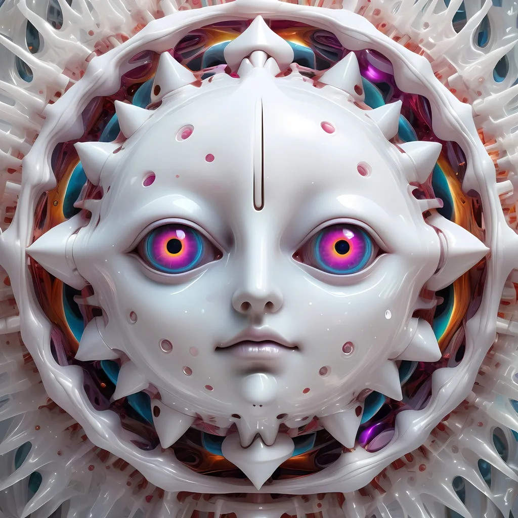 Prompt: a translucent white many sided multidimensional extra dimensional geometric shape churning through many extra dimensions etherically, covered in eyes, biological and mechanical simultaneously with random pops of brilliant vibid psychedelic color 