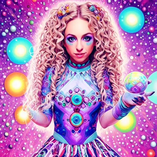 Prompt: A super hyperrealistic yet also illustrative and creative female cosmic jester, made entirely of swirling pure colored light, with long wild curly hair that appears blond but dazzles as a spectrum of hues, floats effortlessly in the heart of a kaleidoscopic nebula. Adorned in avant-garde "astral" jester's attire, her ensemble is a masterpiece of ever-shifting patterns, her definitive jester’s hat extending into infinite fractal shapes that seem to defy the laws of space. Her intricate clown makeup glows with phosphorescent neon greens, electric pinks, and ultraviolet blues, accentuating her mischievous, otherworldly charm. Around her, the stars pulse like strobes in a cosmic dance party, and she juggles shimmering orbs of liquid starlight that burst into tiny galaxies upon contact, each orb reflecting infinite multiversal possibilities. The space surrounding her vibrates with celestial harmonics, a symphony of astral wonder, while an aurora of quantum particles weaves itself into a living tapestry of harlequin diamond fractals, tiling and morphing endlessly. She sparkles and dazzles as her laughter chimes like crystalline bells, embodying the essence of cosmic whimsy and wonder, a living Möbius strip of light and joy in an infinite astral playground.