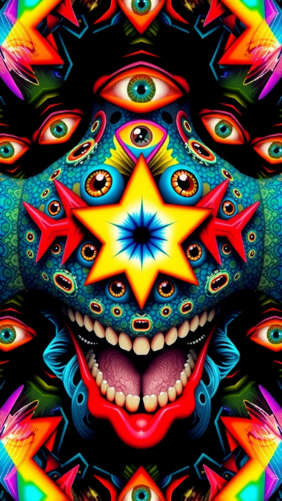 Prompt: Create an extremely hyper-realistic, ultra super textural, weird, trippy, surreal, psychedelic eyes/teeth/mouth pattern/design based on “metatron’s Cube” with lots of human eyes (crazy colorful compound psychedelic), rows of human teeth, human lips, and tongues. 

- **Colors**: determined by the properties and expressions of the elements (& their isotopes), minerals, and metals: Nickel (Ni), Aventurine, Chrysoberyl

**Shapes and forms**
- “Metatron's Cube”
-other shapes determined by the natural properties and expressions of the elements (& their isotopes), minerals, metals, and biological organisms: diatoms, Nickel (Ni), Aventurine, Chrysoberyl


- **Textures**: Derived from any/all elements (& their isotopes), minerals, metals, crystals, organic things mentioned in this prompt: “Metatron's Cube” Nickel (Ni), Aventurine, Chrysoberyl

**Composition and Layout**:
- a pattern/design based on the “Metatron's Cube”

**Lighting**lots and lots of bright shining reflective light
- Trichroism


**Detail and Atmosphere**:
- Extreme hyperrealistic sharp high detail high definition organic and mineral textures
- Psychedelic, weird, odd, surreal atmosphere
- Frozen in time

**Additional Elements**:
- extra rows of teeth, lips, many eyes, diatoms, “Metatron's Cube” , Aventurescence, Chatoyancy
