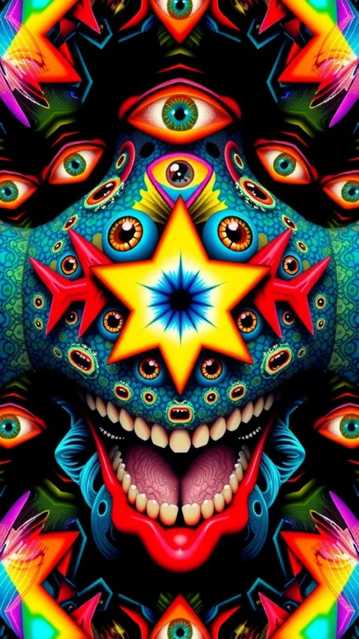 Prompt: Create an extremely hyper-realistic, ultra super textural, weird, trippy, surreal, psychedelic eyes/teeth/mouth pattern/design based on “metatron’s Cube” with lots of human eyes (crazy colorful compound psychedelic), rows of human teeth, human lips, and tongues. 

- **Colors**: determined by the properties and expressions of the elements (& their isotopes), minerals, and metals: Nickel (Ni), Aventurine, Chrysoberyl

**Shapes and forms**
- “Metatron's Cube”
-other shapes determined by the natural properties and expressions of the elements (& their isotopes), minerals, metals, and biological organisms: diatoms, Nickel (Ni), Aventurine, Chrysoberyl


- **Textures**: Derived from any/all elements (& their isotopes), minerals, metals, crystals, organic things mentioned in this prompt: “Metatron's Cube” Nickel (Ni), Aventurine, Chrysoberyl

**Composition and Layout**:
- a pattern/design based on the “Metatron's Cube”

**Lighting**lots and lots of bright shining reflective light
- Trichroism


**Detail and Atmosphere**:
- Extreme hyperrealistic sharp high detail high definition organic and mineral textures
- Psychedelic, weird, odd, surreal atmosphere
- Frozen in time

**Additional Elements**:
- extra rows of teeth, lips, many eyes, diatoms, “Metatron's Cube” , Aventurescence, Chatoyancy
