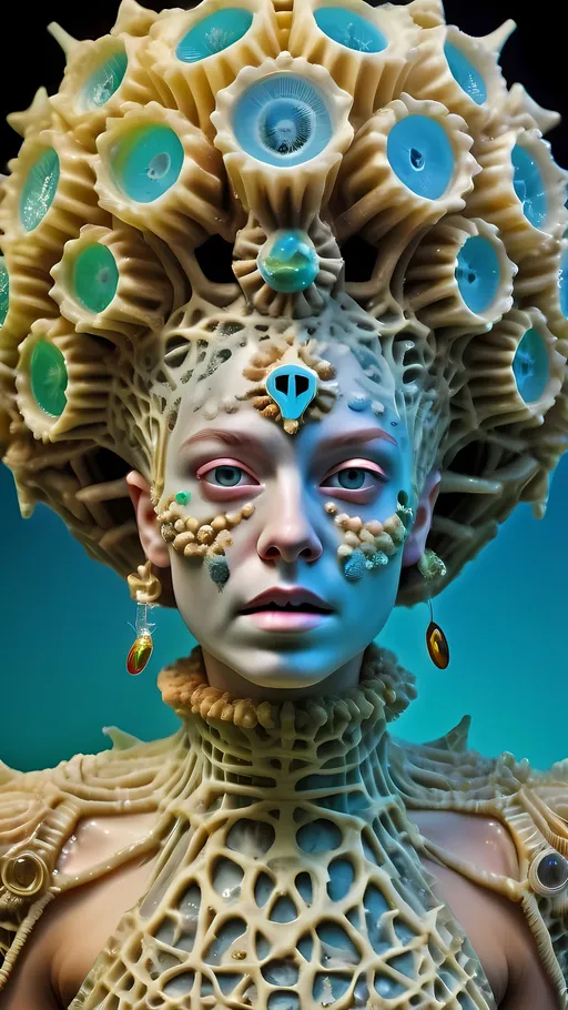 Prompt: Extremely hyperrealistic ultra textural trippy surreal beautiful but odd unsettling psychedelic creature- a psychedelic diatomaceous creature entity queen crown jewelry cape with lots of crazy psychedelic human compound eyes, rows upon rows of human teeth.  head, face, body, limbs, fungus, Mandelbrot, oil slick rainbow sheen effect, holographic, hologram, translucent, vivid colors white, tons and tons of light, bright pastel colors, Gyroid Structures. Diatoms: bacillariophyta, siliceous, valves, girdle bands, raphe, striae, puncta, areolae, costae, rimoportula, fultoportula, chloroplasts, auxospore, epitheca, hypotheca, mucilage, frustule symmetry, valve morphology, pennate diatoms, centric diatoms, motile, non-motile, biofilm, epiphytic, epilithic, epipsammic, biogenic silica, diatomaceous earth, primary producers, carbon fixation, biogeochemical cycles, diatom blooms, paleoecology, nanostructures, microalgae, environmental indicators, aquatic ecosystems. geometric, symmetrical, radial, bilateral, elongated, circular, triangular, oval, star-shaped, pennate, centric, intricate, lattice-like, perforated, silica, frustules, ornate, microscopic, diverse, varied, delicate, transparent, golden-brown, pillbox-shaped, chain-forming, solitary, colonial, planktonic, benthic,