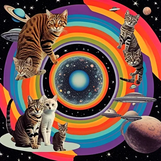 Prompt: a psychedelic collage with a vintage 70s sci-fi animation feel to it except the subject matter will be CATS IN SPACE! The collage will have elements of photography, illustration, trippy patterns and optical illusions, alien landscapes, strange trippy planets, UFOs,, meteors, all cut and spliced together in a psychedelic collage style <mymodel>