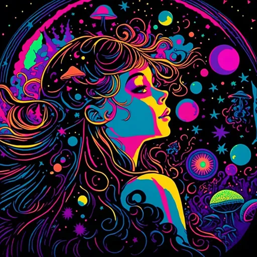 Prompt: <mymodel>Vintage 70s black light poster art illustration, girl hallucinating in space, psychedelic mushrooms, planets, moons, stars, fractals, vibrant colors, intense black light effects, detailed psychedelic girl, cosmic atmosphere, high quality, psychedelic, vintage, space, vibrant colors, fractal details, hallucination, girl illustration, retro art style, cosmic lighting