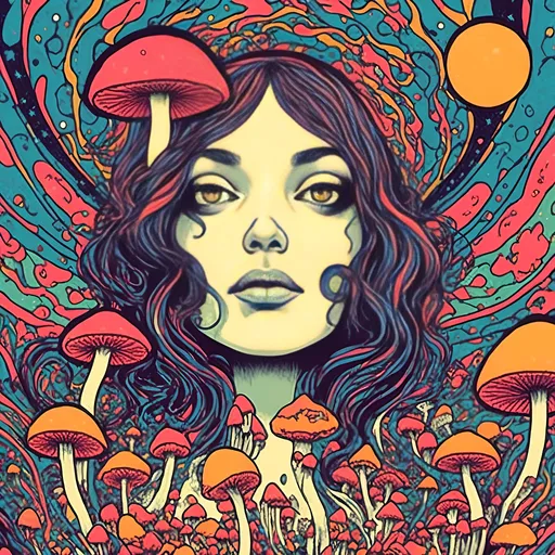 Prompt: <mymodel>Psychedelic poster art of a girl, vibrant colors, trippy visuals, surreal mushrooms, high-quality, detailed illustration, psychedelic, poster art, vibrant colors, surreal, girl, mushrooms, trippy visuals, detailed, professional, surrealistic lighting