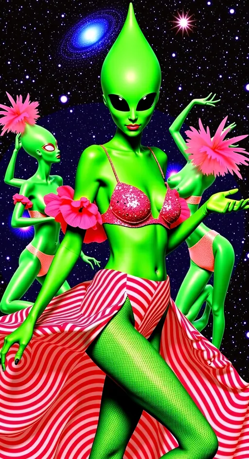 Prompt: Create an image of a female alien with green skin, a conical shaped bald head, and large solid black almond shaped eyes, dressed in a vibrant, sequined crop top and fishnet stockings, embodying the essence of a Moulin Rouge performer. She is surrounded by other green-skinned aliens with similar features, all adorned in flashy, revealing attire, twirling and dancing with flamboyant feathered accessories. The setting is the iconic Moulin Rouge, but it is floating above a swirling black hole, with quantum strings and quantum foam weaving through the scene. The entire image is infused with digital noise, featuring pixelated distortions, color shifts, and glitchy overlays, creating a surreal and chaotic atmosphere.