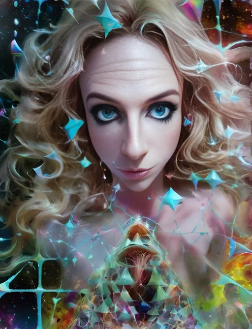 Prompt: Blonde girl with long, curly hair, psychedelic mushroom wonderland, psilocybin, DMT, trippy hallucinations, fractals, multidimensional geometry, auras, vibrant and surreal, high quality, surreal art, colorful, vibrant lighting, holograms, grid lines of the universe, underlying geometric structure of reality