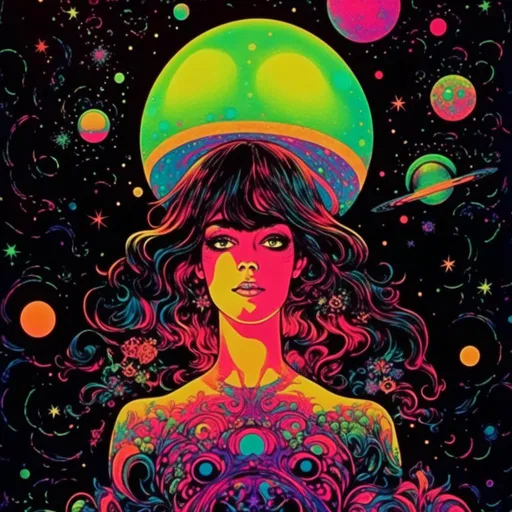 Prompt: <mymodel>Vintage 70s black light poster art illustration, girl hallucinating in space, psychedelic mushrooms, planets, moons, stars, fractals, vibrant colors, intense black light effects, detailed psychedelic girl, cosmic atmosphere, high quality, psychedelic, vintage, space, vibrant colors, fractal details, hallucination, girl illustration, retro art style, cosmic lighting