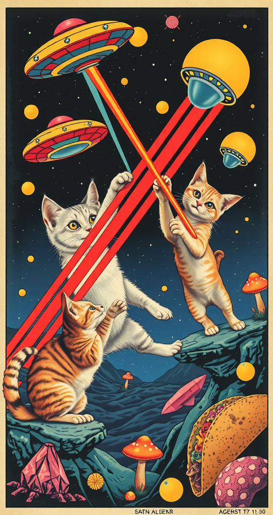 Prompt: A retro vintage 70s psychedelic collage poster of cats fighting UFOs/aliens. Cats swatting at UFOs, fighting aliens, lasers, lasers from eyes, lightning bolts, tractor beams, being weird like cats do. Optical illusions/psychedelic patterns, orbs, tacos, mushrooms, crystals, outer space, alien landscapes