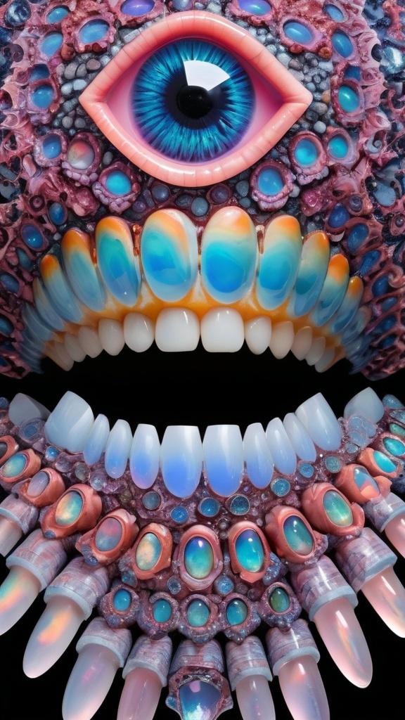 Prompt: Create an extremely hyper-realistic, ultra super textural, weird, trippy, surreal, psychedelic eyes/teeth/mouth pattern/design based on Mandelbrot & “Op Art tiling” with lots of human eyes (crazy colorful compound psychedelic), rows of human teeth, human lips, and tongues. 

- **Colors**: determined by the properties and expressions of the elements (& their isotopes), minerals, and metals: opal, moonstone, Kunzite, selenite, rose quartz, Platinum (Pt)

**Shapes and forms**
- Mandelbrot 
- "Op Art tiling" 
-other shapes determined by the natural properties and expressions of the elements (& their isotopes), minerals, metals, and biological organisms: opal, moonstone, Kunzite, selenite, rose quartz,  Platinum (Pt)


- **Textures**: Derived from any/all elements (& their isotopes), minerals, metals, crystals, organic things mentioned in this prompt: opal, moonstone, Kunzite, selenite, rose quartz, Platinum (Pt)

**Composition and Layout**:
- a pattern/design based on the Op Art tiling & Mandelbrot 

**Lighting**:
- lots of bright light
- Iridescence
- Aventurescence
- Chatoyancy
- Asterism

**Detail and Atmosphere**:
- Extreme hyperrealistic sharp high detail high definition organic and mineral textures
- Psychedelic, weird, odd, surreal atmosphere
- Frozen in time

**Additional Elements**:
- extra rows of teeth, lips, many eyes, Op Art tiling, Mandelbrot, Iridescence
