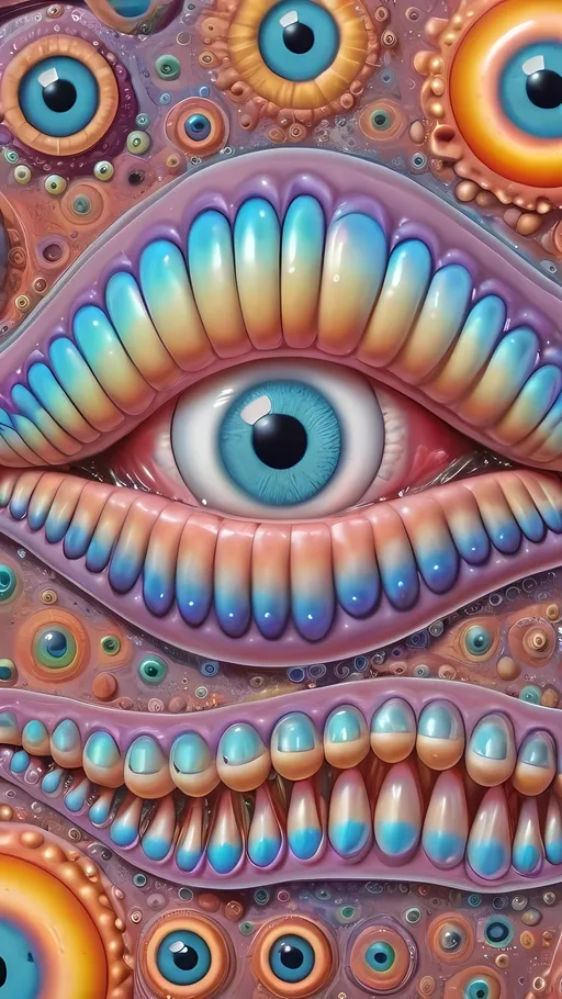 Prompt: an extremely hyper realistic ultra super textural weird trippy surreal psychedelic entity, Peano Curve, apollonian gaskets, catenoids, white, translucent, clear, bright bright feminine pastel colors, oil slick rainbow sheen effect, lots and lots of light, lots of crazy colorful compound psychedelic human eyes, rows of human teeth, fungus, atoms, diatoms, enneper sufaces, apollonian gaskets, Peano Curve