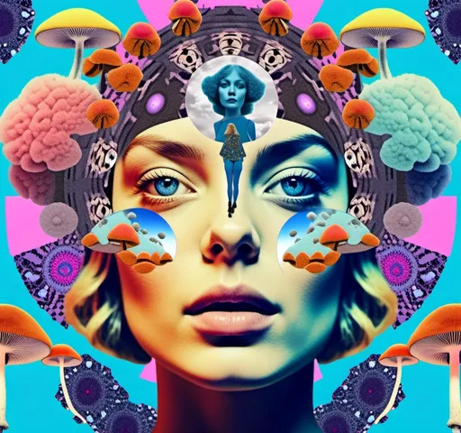 Prompt: a psychedelic collage reminiscent of 70s psychedelic sci fi collage artwork celebrating a girl on mushrooms. It is to feature a photograph of a woman with blond curly hair that is edited by splicing it with other images from photographs, magazines, newspapers, illustrations/paintings to create the impression she is high on magic mushrooms. The work will include such elements as a psychedelic 3rd eye open, stars and planets, trippy optical illusions and patterns, psilocybin cubensis mushrooms, fractals, UFOs, aliens, geometric shapes, auras, rainbow spectrums, sacred geometry, trippy drippy stuff, psychedelic hallucinations, open eyes, landscapes of astral worlds<mymodel>