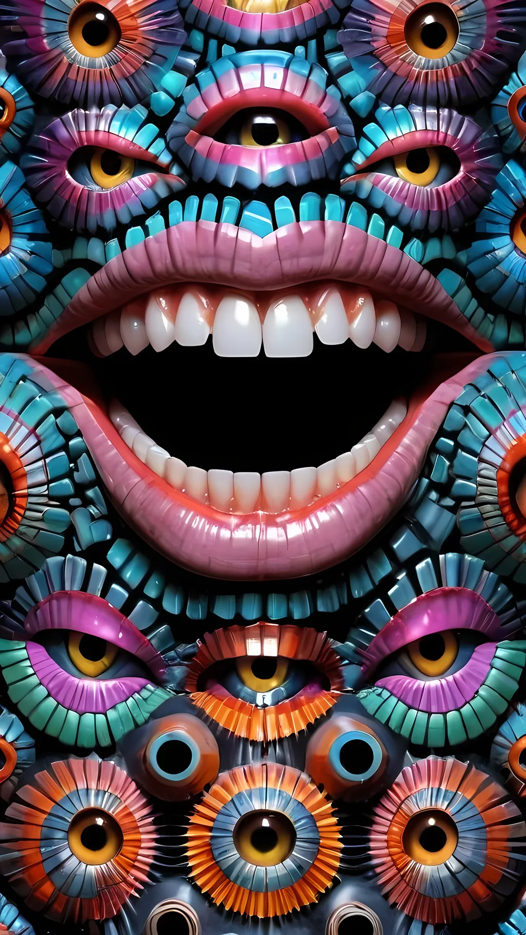 Prompt: Create an extremely hyper-realistic, ultra super textural, weird, trippy, surreal, psychedelic eyes/teeth/mouth pattern/design based on Mandelbrot & “Op Art tiling” with lots of human eyes (crazy colorful compound psychedelic), rows of human teeth, human lips, and tongues. 

- **Colors**: determined by the properties and expressions of the elements (& their isotopes), minerals, and metals: Tourmaline, Rhenium (Re)

**Shapes and forms**
- Mandelbrot 
- "Op Art tiling" 
-other shapes determined by the natural properties and expressions of the elements (& their isotopes), minerals, metals, and biological organisms: tourmaline,  Rhenium (Re),


- **Textures**: Derived from any/all elements (& their isotopes), minerals, metals, crystals, organic things mentioned in this prompt: tourmaline, Rhenium (Re)

**Composition and Layout**:
- a pattern/design based on the Op Art tiling & Mandelbrot 

**Lighting**:
- lots of bright light
- Phosphorescence

**Detail and Atmosphere**:
- Extreme hyperrealistic sharp high detail high definition organic and mineral textures
- Psychedelic, weird, odd, surreal atmosphere
- Frozen in time

**Additional Elements**:
- extra rows of teeth, lips, many eyes, Op Art tiling, Mandelbrot 
