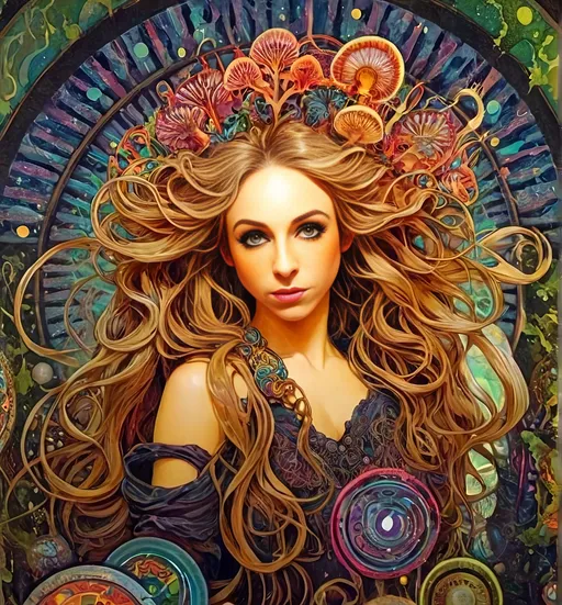 Prompt: 4k, ultra-detailed, psychedelic, trippy, bright colors, vivid, black light poster, girl with longish blond curly hair, psychedelic magic mushrooms, trippy hallucinations, optical illusions, patterns, crystals, moss, forest, moon, geometry fractals, vibrant colors, detailed hair, surreal, vibrant lighting