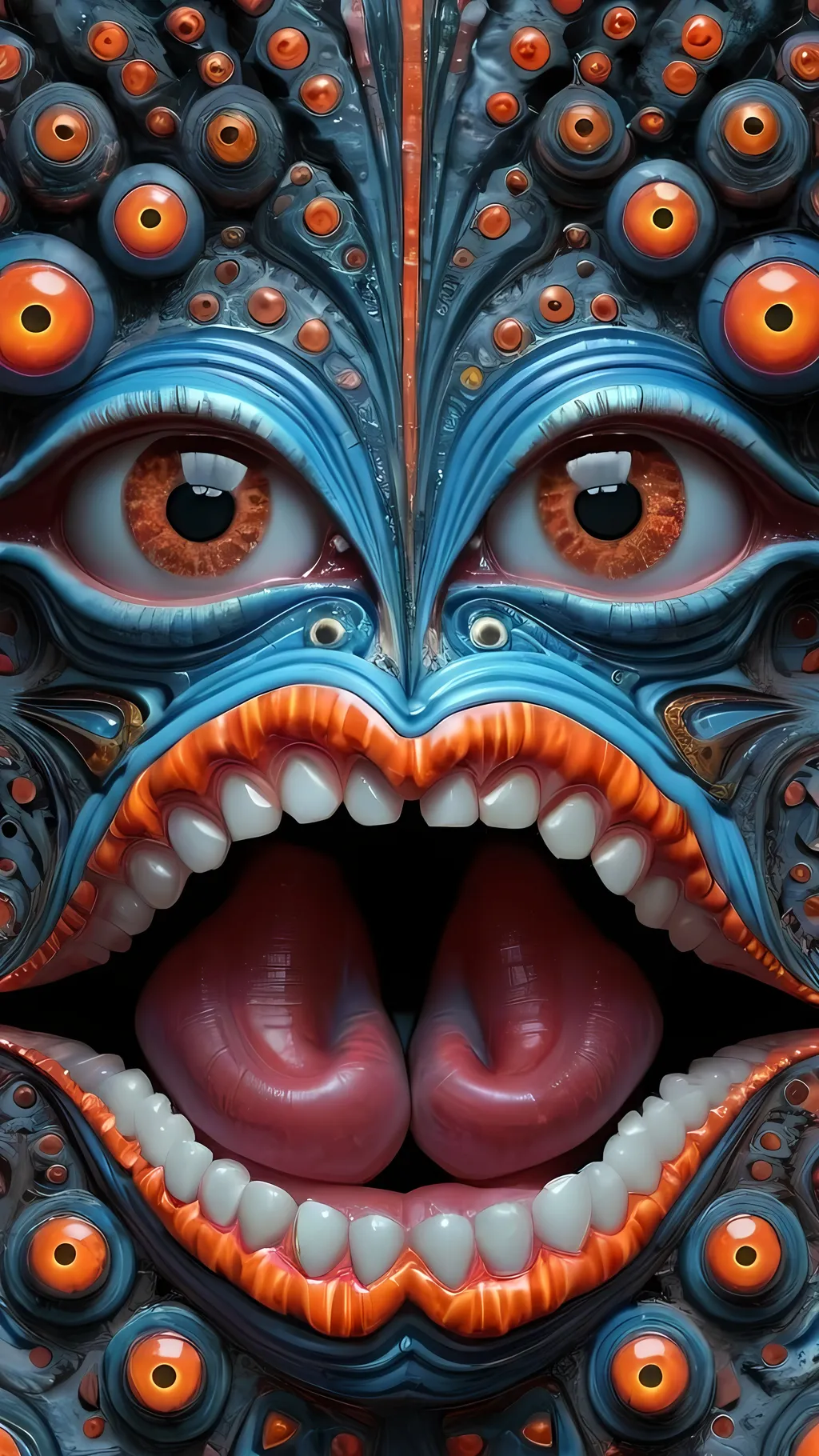 Prompt: Create an extremely hyper-realistic, ultra super textural, weird, trippy, surreal, psychedelic eyes/teeth/mouth pattern/design based on the “labyrinth fractal” & “op art tiling” with lots of human eyes (crazy colorful compound psychedelic), rows of human teeth, human lips, and tongues. 

- **Colors**: determined by the natural properties and expressions of the elements (& their isotopes), raw rough minerals, and metals:
- Molybdenum (Mo)
- Fire Opal

**Shapes and forms**
- main form: “labyrinth fractal”
-other shapes determined by the natural properties and expressions of the elements (& their isotopes), raw rough minerals, metals, and biological organisms: 
- Molybdenum (Mo)
- Fire Opal

- **Textures**: Derived from any/all elements (& their isotopes), minerals, metals, crystals, organic things mentioned in this prompt: 
- “labyrinth fractal”
- Molybdenum (Mo)
- Fire Opal

**Composition and Layout**:
- a pattern/design based on “labyrinth fractal”
- 3 dimensional


**Lighting**
- lots and lots of bright shining reflective light
- opalescence


**Detail and Atmosphere**:
- Extreme hyperrealistic sharp high detail high definition organic and mineral textures
- Psychedelic, weird, odd, surreal atmosphere
- Frozen in time

**Additional Elements**:
- extra rows of teeth, lips, many eyes, “labrynth fractal”, Aventurescence, Chatoyancy
