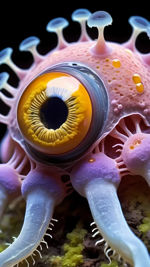 Prompt: A trippy extremely hyperrealistic psychedelic surreal slime mold creature, bright pastel colors and lots of light, lots of crazy trippy psychedelic human eyes, human teeth, EYES,FACE plasmodium, sporangium, sclerotium, amoeboid cells, fruiting body, spores, cytoplasmic streaming, cellular slime molds, acellular slime molds, aggregation, pseudoplasmodium, stalk, capillitium, myxamoebae, chemotaxis, phagocytosis, sporulation, germination, protoplasmic network, vegetative phase, reproductive phase, swarm cells, hyphae, peridium, columella, hypothallus, sporangia, sporocarps, trophozoite, encystment. 
