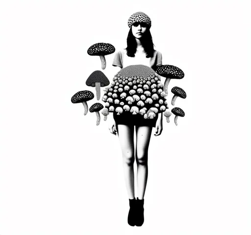 Prompt: a mixed media collage of a girl wearing or growing mushrooms/fungus as clothing body parts and accessories. She is a black and white or halftone photograph, the mushrooms and fungal growths are to be mixed media, including but not limited to paint, enamel, foils, glitter, sparkle, sequins, found objects, natural items, rhinestones etc <mymodel>