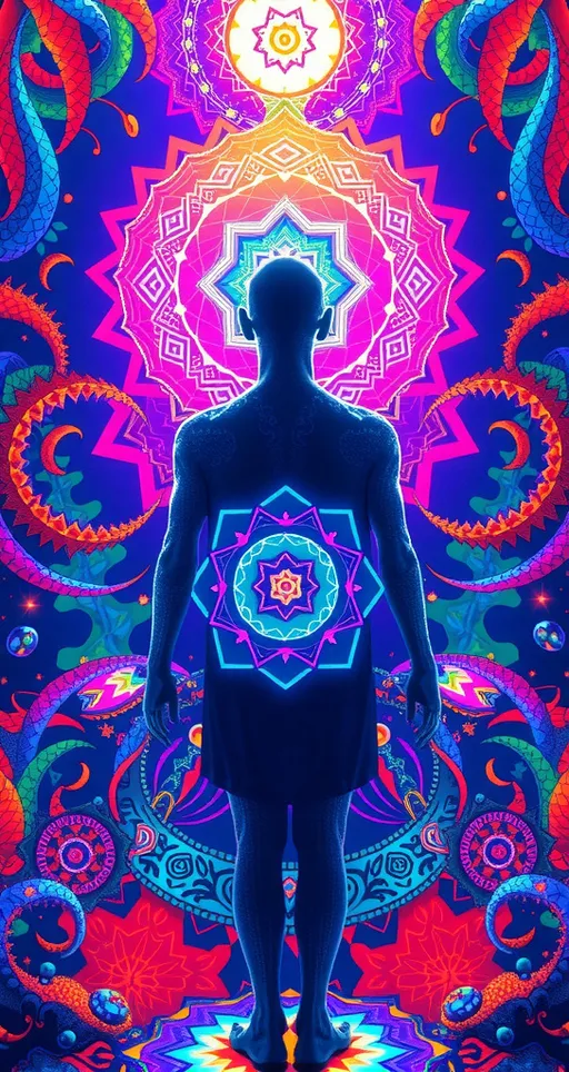 Prompt: dmt realm, human experiencing DMT, dmt entity, psychedelic DMT hallucinations, breakthrough, Gotcha! Here you go: kaleidoscopic, fractals, geometric patterns, neon colors, iridescent hues, sacred geometry, mandalas, entities, hyperspace, cosmic artistry, telepathic communication, vibrant, swirling, morphing, hyper-real, alternate dimension, intricate designs, visual symphony, ethereal, transcendent, otherworldly, luminous, shimmering, pulsating, infinite, timeless, interconnected, energetic, mystical, surreal, profound, mind-bending, celestial, astral, vivid, intense, immersive, expansive, transformative, euphoric, visionary, enchanted, dreamlike, awe-inspiring.