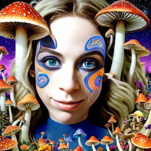 Prompt: a psychedelic  poster of a psychedelic girl  with long blond curly hair on psychedelic magic mushrooms, her pupils are hugely dilated, with stars in her eyes she perceives ineffable geometries, colors that do not exist, fractals, the astral reality of her nature, while surrounded by psilocybe cubensis mushrooms, liberty caps, hallucinations and hallucinogenic mushrooms and a solid black cat is there in a psychedelic poster art <mymodel>