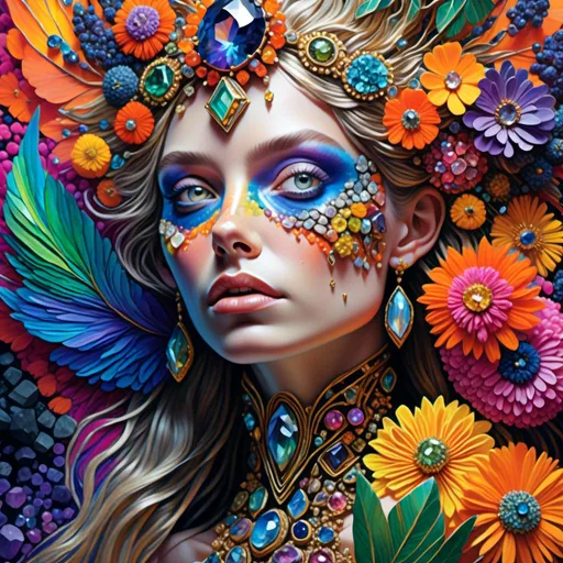 Prompt: <mymodel>Photorealistic digital painting of a woman, vibrant and psychedelic eye, flower in hair, psychedelic expression, highly detailed, Android Jones style, detailed painting, photorealism, psychedelic art, detailed features, intense gaze, colorful floral, intricate details, realistic skin texture, lifelike rendering, professional, high quality, vibrant colors, detailed lighting