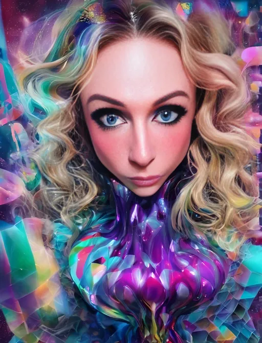 Prompt: Blonde girl with long, curly hair, psychedelic mushroom wonderland, psilocybin, DMT, trippy hallucinations, fractals, multidimensional geometry, auras, vibrant and surreal, high quality, surreal art, colorful, vibrant lighting, holograms, grid lines of the universe, underlying geometric structure of reality