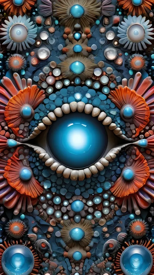 Prompt:  An extremely hyper-realistic, ultra-textural, weird, trippy, surreal, psychedelic pattern/design featuring eyes, teeth, mouths, & tongues. The design should be based on the “Mandelbrot” & “op art tiling” concepts, w/ an abundance of human eyes (crazy colorful compound psychedelic), rows of human teeth, human lips, & the elements, minerals, organisms: 
- Moonstone
- Selenite
- Labradorite
- oxygen
- hydrogen

**colors/lighting/Shapes/Forms/Textures**: 
- Main form: “Mandelbrot”
- Additional colors/shapes/forms/textures/arrangements determined by the natural properties/expressions of the listed elements, minerals, metals, & biological organisms. Capture their crystal structures, atomic arrangements, & natural formations. Express their raw, rough, & detailed textures, including crystal structures, surface finishes, & unique textural properties.
- Express the shapes, forms, structures, & arrangements of the listed elements, minerals, pigments, crystals, or biological organisms.
- Reflect intricate crystal structures, atomic arrangements, & natural formations.
- Integrate unique textural properties & surface characteristics into the pattern.
- Arrangement influenced by natural aggregates/combinations, creating a cohesive design.
-Intense, bright, reflective light
- Express the various lighting properties, effects, & illusions of listed elements, minerals, biological entities, & crystals.
- Capture interactions w/ light, including reflections, refractions, iridescence, & other optical phenomena. Use lighting to emphasize intricate details, textures, shapes, & forms.

