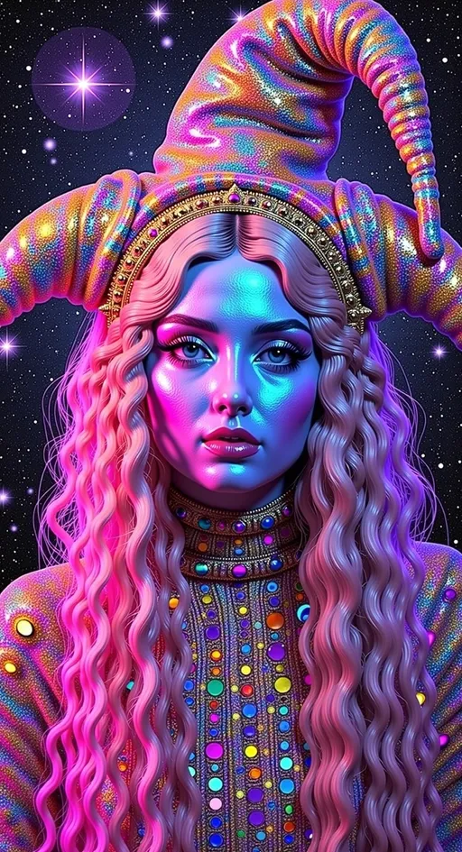 Prompt: Create a super hyperrealistic, finely detailed psychedelic Nouveau illustration of a Cosmic Jester. Feature the word MERRYPRANXTERworked organically into the background somehow.  This enchanting character is a merry prankster of the cosmos, an astral jokester dancing through time and space. She exudes a jester vibe, wearing feminine holographic jester attire & makeup with a feminine, harlequin twist. Not human, but humanoid, she is crafted from vibrant colored light, embodying an extra-dimensional extraterrestrial essence. Her presence is a beacon of joy, as she laughs and twirls through the cosmic astral realms, elevating vibes wherever she roams. 

Her beauty is otherworldly, with long, curly hair that shimmers like a cascade of colored light, appearing blonde yet transcending earthly hues. Her eyes sparkle with mischievous wisdom, and her attire is a dazzling array of intricate patterns and swirling colors, reminiscent of both jester garb and celestial phenomena.

Incorporate the text "the merrypranxter" above her in smaller, elegant lettering, seamlessly blending into the cosmic background. This text should capture the essence of her playful spirit, as if it were a whisper from the universe itself. The illustration should radiate her vibrant energy, portraying her as a timeless wanderer spreading joy and wonder throughout the cosmos.