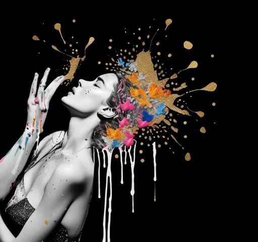 Prompt: <mymodel>Multimedia collage of a woman, black and white photo, dripping real multimedia paint, glitter paint, colored paint, gold, silver, copper, glitter droplets, splashes of color, shine, mixed media, high texture, abstract, art nouveau, dynamic lighting, mixed colors, highres, vibrant, artistic, detailed paint splatters