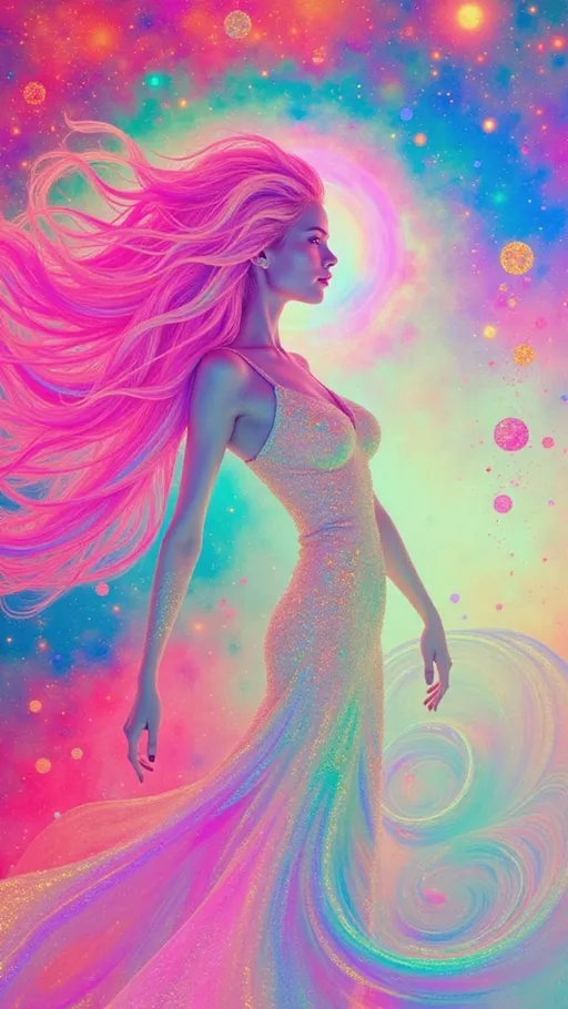 Prompt: A hyperdimensional entity emerges, composed of iridescent sacred geometry, kaleidoscopic Penrose tilings, and prismatic fractal halos. The figure pulses with shifting spectrums of rainbow light, flowing like liquid crystal through nested golden spirals and recursive toroidal fields. The form barely hints at its origin: a slim, ephemeral silhouette with long wild pink curls, dissolving into light. The style mirrors the surreal textures and otherworldly palettes of La Planète Sauvage, with matte, painterly gradients, soft outlines, and dreamlike ambient hues. The background floats in an astral void woven from cosmic lace, where strange organic machines and glyphic lifeforms orbit in silence. Human presence is reduced to a ghosted archetype, integrated within the sacred patterns like a forgotten myth encoded in divine circuitry.
— style: Cosmic Surrealism + La Planète Sauvage
— emphasis: Sacred Geometry + Oil-Slick Iridescence