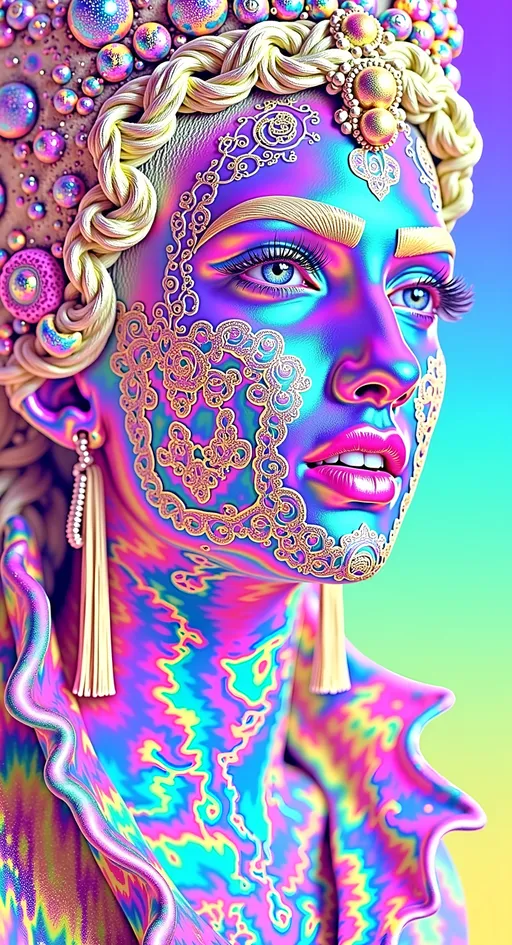 Prompt: Create a super hyperrealistic, finely detailed psychedelic Nouveau illustration of a Cosmic Jester. Feature the word MERRYPRANXTERworked organically into the background somehow.  This enchanting character is a merry prankster of the cosmos, an astral jokester dancing through time and space. She exudes a jester vibe, wearing feminine holographic jester attire & makeup with a feminine, harlequin twist. Not human, but humanoid, she is crafted from vibrant colored light, embodying an extra-dimensional extraterrestrial essence. Her presence is a beacon of joy, as she laughs and twirls through the cosmic astral realms, elevating vibes wherever she roams. 

Her beauty is otherworldly, with long, curly hair that shimmers like a cascade of colored light, appearing blonde yet transcending earthly hues. Her eyes sparkle with mischievous wisdom, and her attire is a dazzling array of intricate patterns and swirling colors, reminiscent of both jester garb and celestial phenomena.

Incorporate the text "the merrypranxter" above her in smaller, elegant lettering, seamlessly blending into the cosmic background. This text should capture the essence of her playful spirit, as if it were a whisper from the universe itself. The illustration should radiate her vibrant energy, portraying her as a timeless wanderer spreading joy and wonder throughout the cosmos.