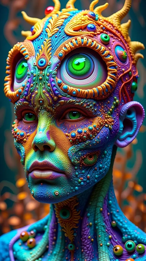 Prompt: An extremely super hyper detailed hyperrealistic weird surreal trippy psychedelic entity manifests, adorned with a multitude of psychedelic compound human eyes, arranged meticulously in a Fibonacci Spiral tiling pattern. These eyes, vibrant and entrancing, create a mesmerizing visual symphony. Rows upon rows of psychedelic teeth form a fractal-like pattern akin to the Mandelbrot Set, spiraling endlessly.

The entity's skin is a shimmering tapestry of iridescent Ammolite, displaying a spectrum of colors that shift with every movement. Interspersed are cubic Fluorite crystals in pale yellow, contrasting vividly with the backdrop. Swirling through its form are veins of Charoite, vivid purple strands weaving cosmic energy throughout its being.

On a microscopic level, Quantum Foam bubbles and fluctuates, giving the entity an ethereal, ever-changing appearance. Vibrating Quantum Strings hint at the fundamental nature of its existence, while Quantum Entanglement weaves an invisible web, linking its myriad parts in a dance of interconnectedness.

The background is a surreal landscape inspired by the Voronoi Tiling pattern, resembling an infinite cellular structure. The ground is a mosaic of royal blue Sodalite, with veins of white calcite creating a natural yet otherworldly pattern. Above, a sky of swirling Quantum Wave Functions paints a picture of potential realities, each wave a probability, each crest a possibility.

This entity embodies the fusion of mathematical precision and quantum chaos, a creation born from the abstract merging of natural, microscopic elements, minerals, and quantum phenomena, existing in a realm where reality and imagination blur into one.