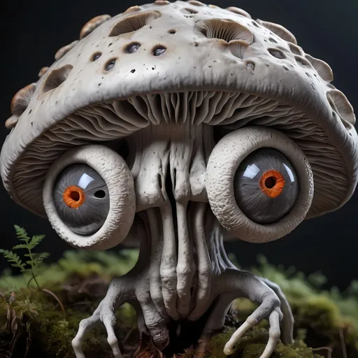 Prompt: An extremely hyper realistic ultra textural sentient intelligent psychedelic mushroom, with a fully exposed brain, gray matter, frontal lobe, synapses, crazy trippy human eyes, teeth, mycelium, smart fungus creature