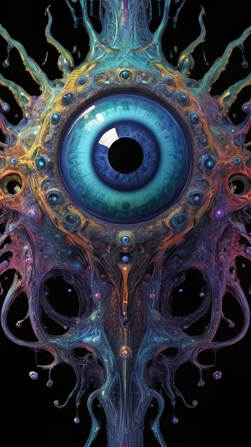 Prompt: Surreal psychedelic creature, entity, trippy, crazy inhuman eyes, multidimensional, fractal, noneuclidien geometries geometric shapes tesseracts, melting, drips, hyper dimensional, drippy, aura, alien, extraterrestrial, extra dimensional,bizarre, ineffable, numinous, counsciousness, strange, unnerving but beautiful, biolocal, mechanical, blobs, atoms, particals, eyes