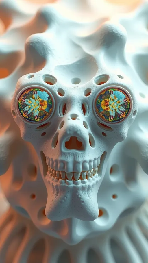 Prompt: an extremely hyper realistic ultra super textural weird trippy surreal psychedelic entity, gyroid structures, Pascal's Triangle, white, translucent, clear, bright bright pastel colors, oil slick rainbow sheen effect, lots and lots of light, lots of crazy colorful compound psychedelic human eyes, rows of human teeth, fungus, atoms, diatoms, gyroid structures, Pascal's Triangle