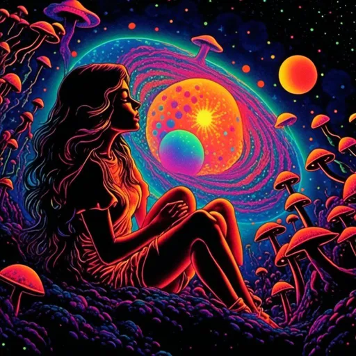 Prompt: <mymodel>Vintage 70s black light poster art illustration, girl hallucinating in space, psychedelic mushrooms, planets, moons, stars, fractals, vibrant colors, intense black light effects, detailed psychedelic girl, cosmic atmosphere, high quality, psychedelic, vintage, space, vibrant colors, fractal details, hallucination, girl illustration, retro art style, cosmic lighting