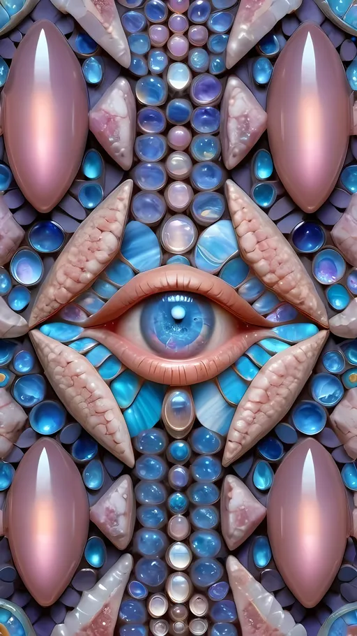 Prompt: Create an extremely hyper-realistic, ultra super textural, weird, trippy, surreal, psychedelic eyes/teeth/mouth pattern/design based on Mandelbrot & “Op Art tiling” with lots of human eyes (crazy colorful compound psychedelic), rows of human teeth, human lips, and tongues. 

- **Colors**: determined by the properties and expressions of the elements (& their isotopes), minerals, and metals: opal, moonstone, Kunzite, selenite, rose quartz, Palladium (Pd), “Fusarium verticillioides”

**Shapes and forms**
- Mandelbrot 
- "Op Art tiling" 
-other shapes determined by the natural properties and expressions of the elements (& their isotopes), minerals, metals, and biological organisms: opal, moonstone, Kunzite, selenite, rose quartz,  Palladium (Pd), “Fusarium verticillioides”


- **Textures**: Derived from any/all elements (& their isotopes), minerals, metals, crystals, organic things mentioned in this prompt: opal, moonstone, Kunzite, selenite, rose quartz, Palladium (Pd), “Fusarium verticillioides”

**Composition and Layout**:
- a pattern/design based on the Op Art tiling & Mandelbrot 

**Lighting**:
- lots of bright light
- Iridescence
- Aventurescence
- Chatoyancy
- Asterism

**Detail and Atmosphere**:
- Extreme hyperrealistic sharp high detail high definition organic and mineral textures
- Psychedelic, weird, odd, surreal atmosphere
- Frozen in time

**Additional Elements**:
- extra rows of teeth, lips, many eyes, Op Art tiling, Mandelbrot, Iridescence, Aventurescence, Chatoyancy
